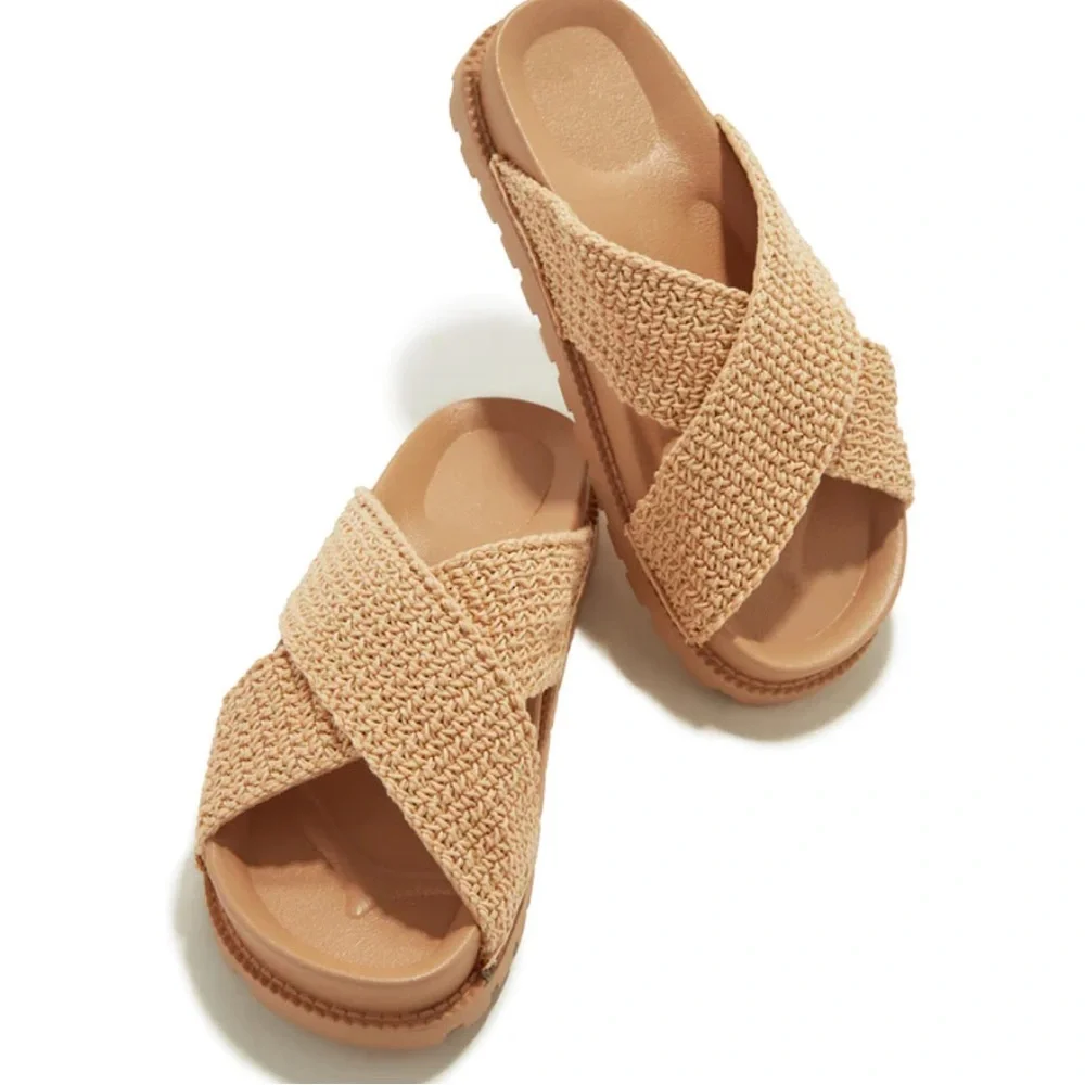 Awaken Natural Flyknit Criss Cross Slide Sandals. - Picture 4 of 16